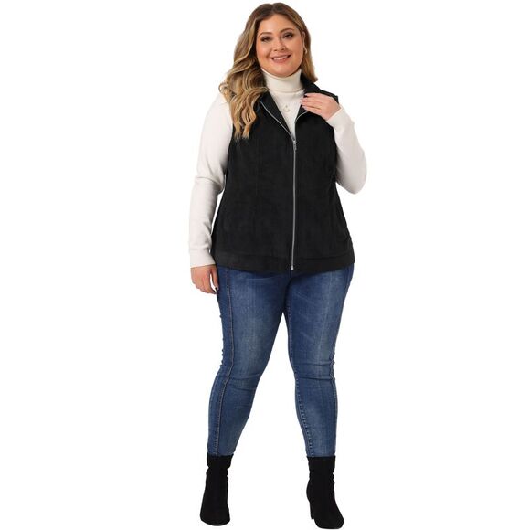 Plus Size Sleeveless Vests Casual Zipper Side Pocket Corduroy Vests Black - Picture 3 of 6